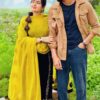 Yellow muslin embroidery Punjabi suit set with contrast dupatta