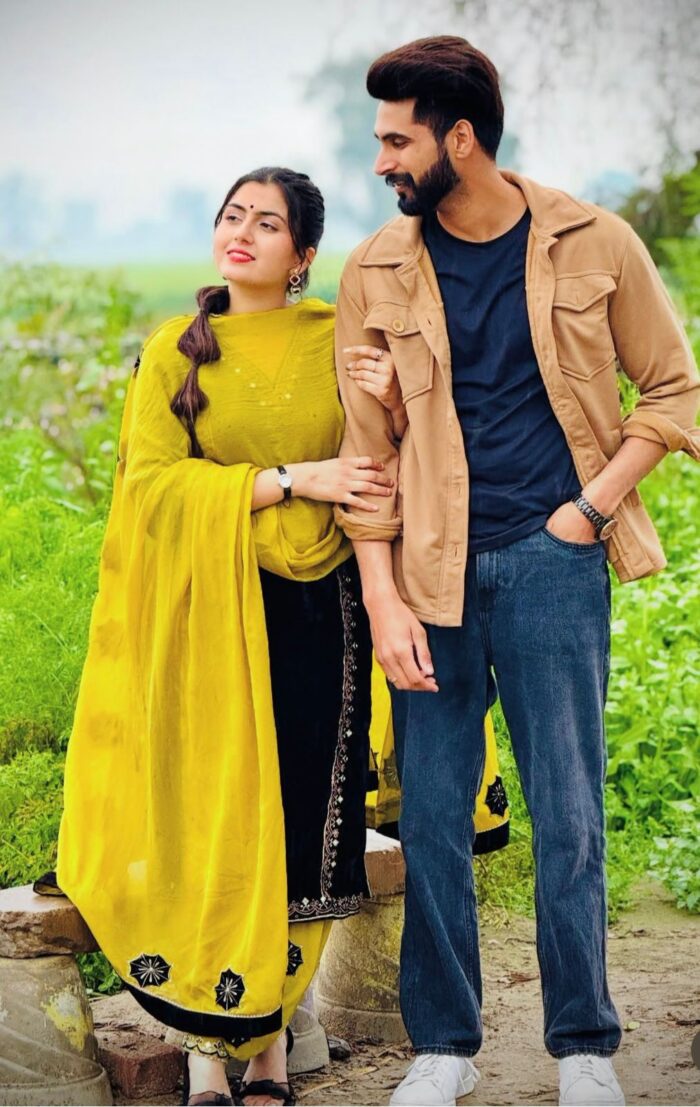 Yellow muslin embroidery Punjabi suit set with contrast dupatta