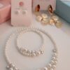 pearl jewellery set with flower earrings combo for women necklace bracelet premium white pearls