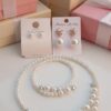 pearl jewellery set with stud earrings combo for women necklace bracelet premium white pearls