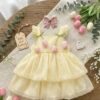 Cute baby girl Cream yellow dress with bow design and flower pattern, soft net party wear dress for kids