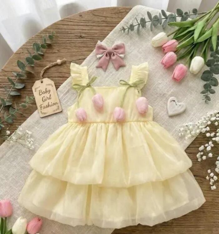 Cute baby girl Cream yellow dress with bow design and flower pattern, soft net party wear dress for kids