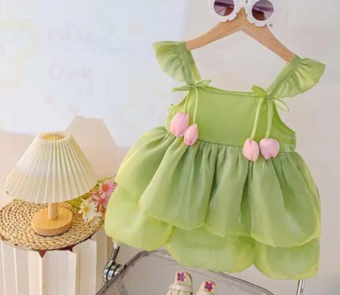 Cute baby girl pistachio green dress with tulip design, soft net stylish party wear for kids