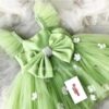 Cute baby girl green dress with bow design and flower pattern, soft net party wear dress for kids