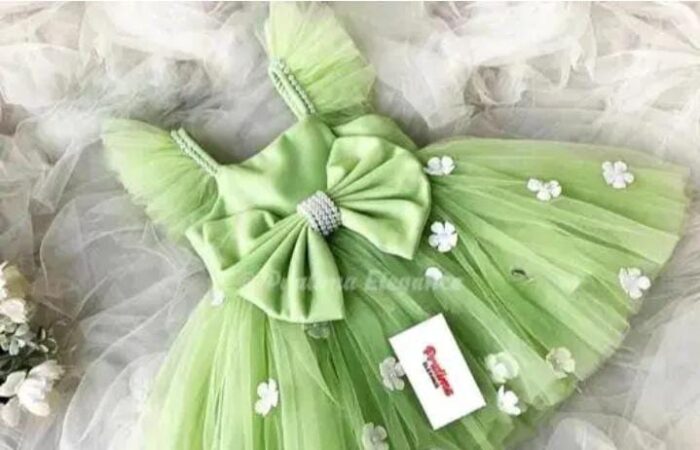 Cute baby girl green dress with bow design and flower pattern, soft net party wear dress for kids