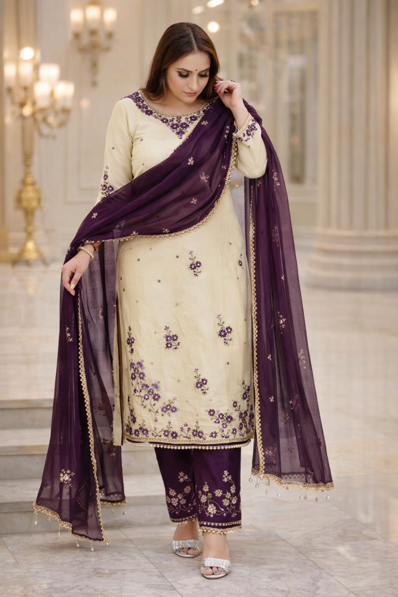 Crush Tissue Embroidery Suit Set With Muslin Bottom & Dupatta (4 Colours)