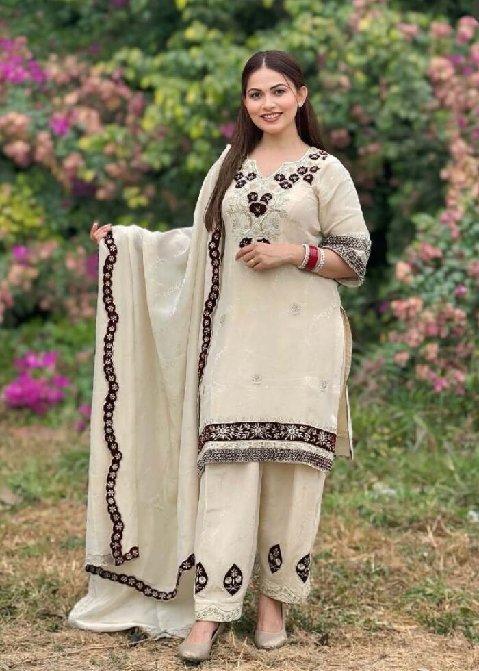 Cream Tissue Shimmer Embroidery Punjabi Suit Set with Dupatta