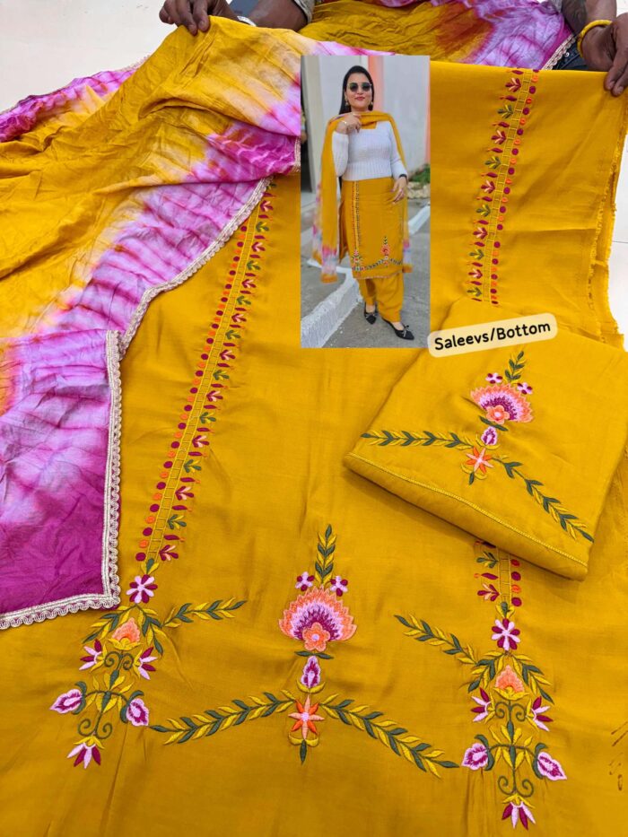 Mustard Yellow Embroidery Punjabi Suit With Tie Dye Dupatta