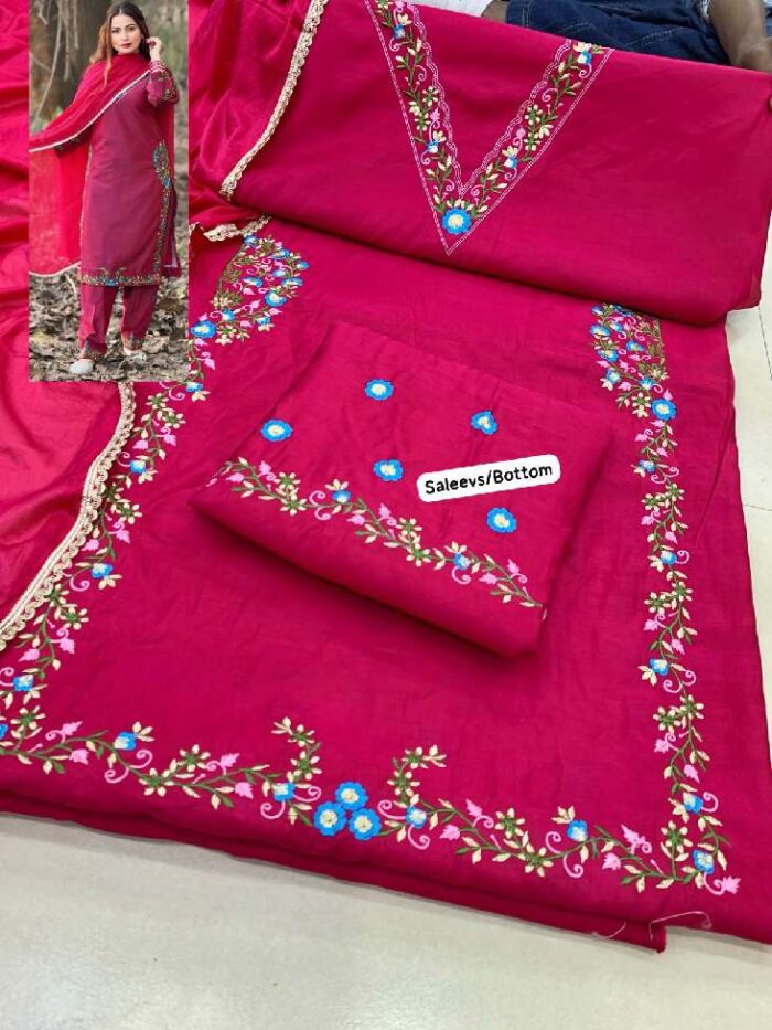 Pink Muslin Embroidered Punjabi Suit Set With Chinnon Dupatta