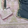 Pink Grey Satin Silk Embroidered Suit With Chinnon Dupatta