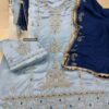 Sky Blue Navy Satin Silk Embroidered Suit With Chinnon Dupatta