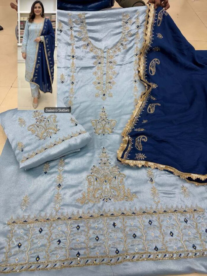 Sky Blue Navy Satin Silk Embroidered Suit With Chinnon Dupatta