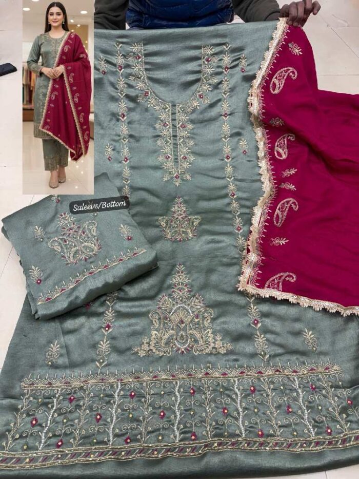 Sage Green Wine Satin Silk Embroidered Suit With Chinnon Dupatta