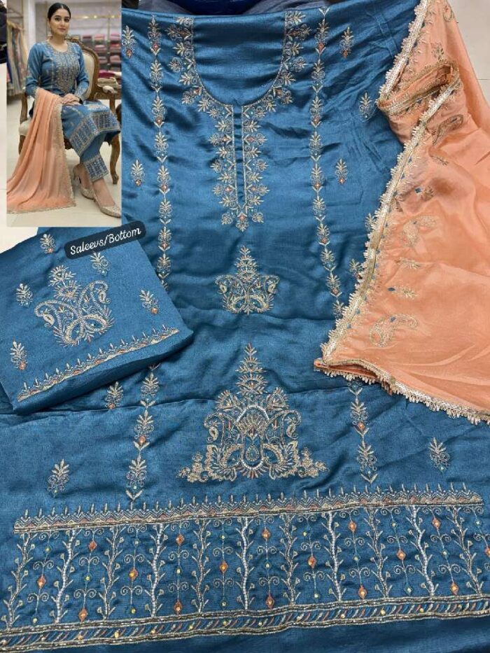 Blue Peach Satin Silk Embroidered Suit With Chinnon Dupatta