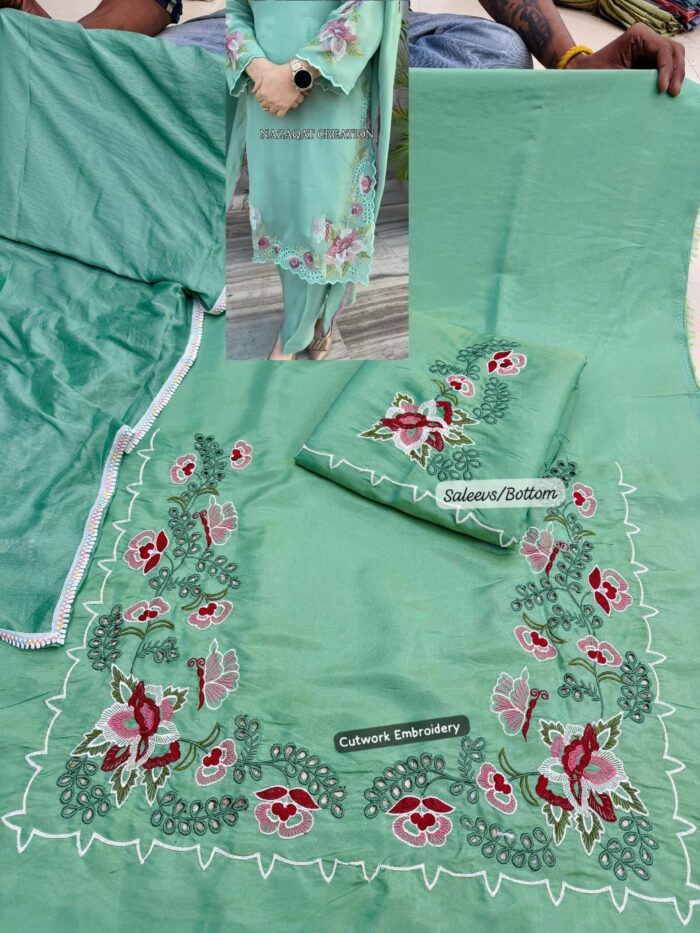 Sea Green Cosmo Shimmer Embroidered Punjabi Suit With Chinnon Dupatta