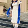 Cream Shimmer Crush Embroidered Punjabi Suit With Blue Chinnon Dupatta