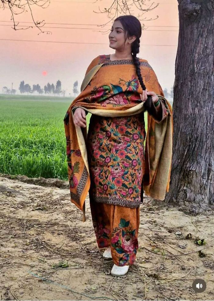 Orange Cambric Digital Print Punjabi Suit With Cotton Mal Dupatta