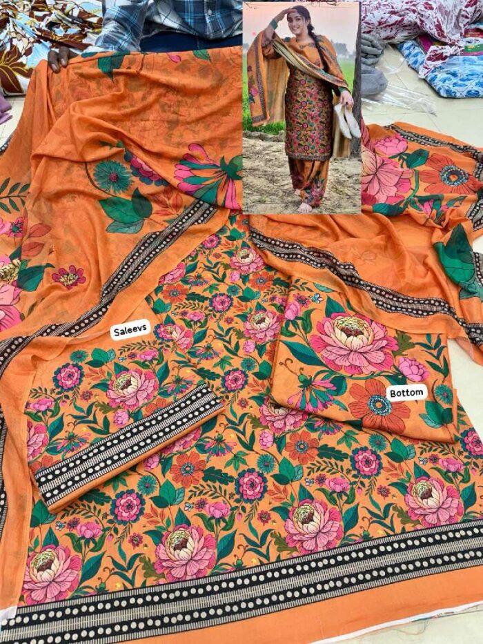 Orange Cambric Digital Print Punjabi Suit With Cotton Mal Dupatta
