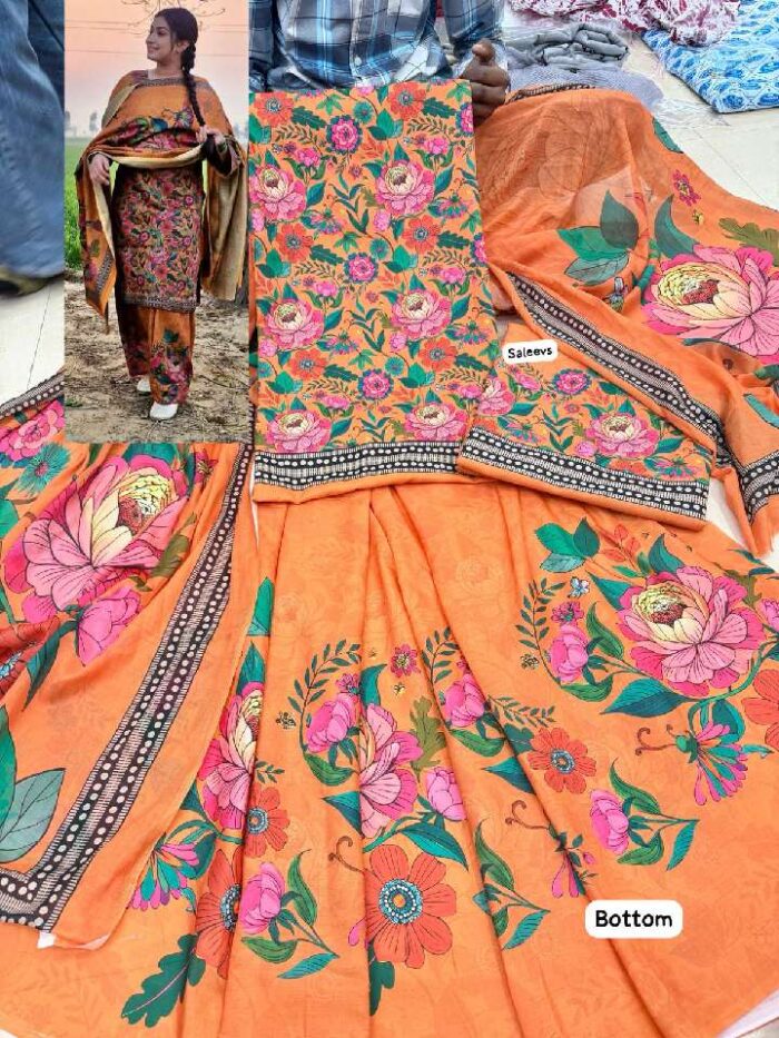 Orange Cambric Digital Print Punjabi Suit With Cotton Mal Dupatta
