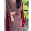 Chocolate Embroidered Suit With Muslin Dupatta