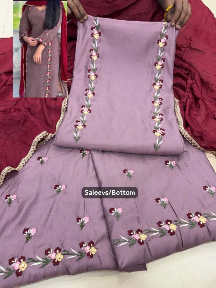 Chocolate Embroidered Suit With Muslin Dupatta