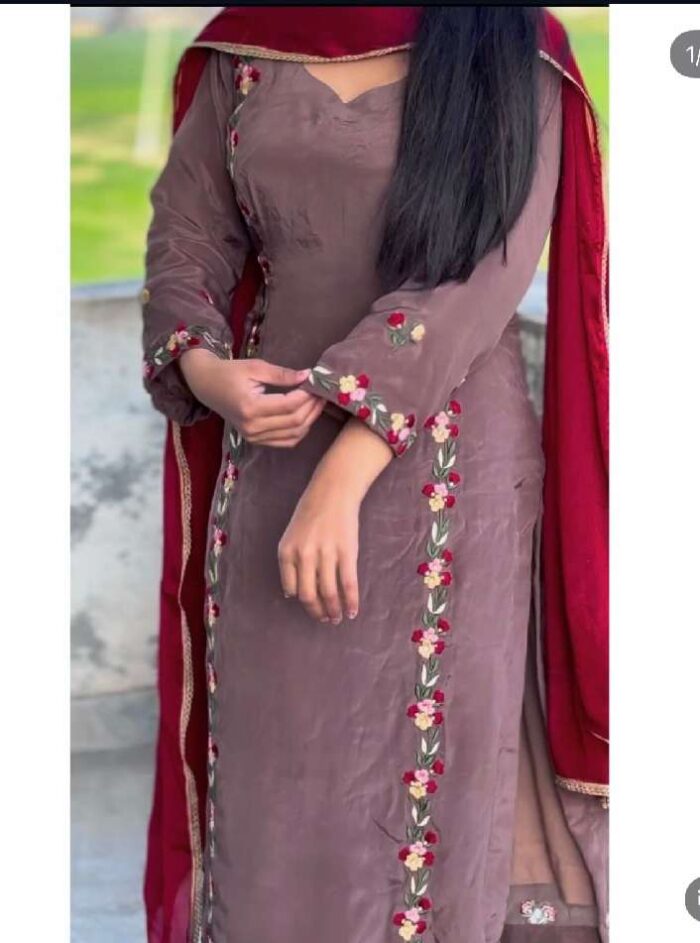 Chocolate Embroidery Suit With Muslin Dupatta