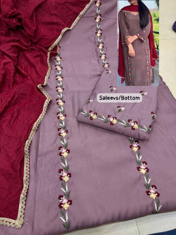 Chocolate Embroidered Suit With Muslin Dupatta