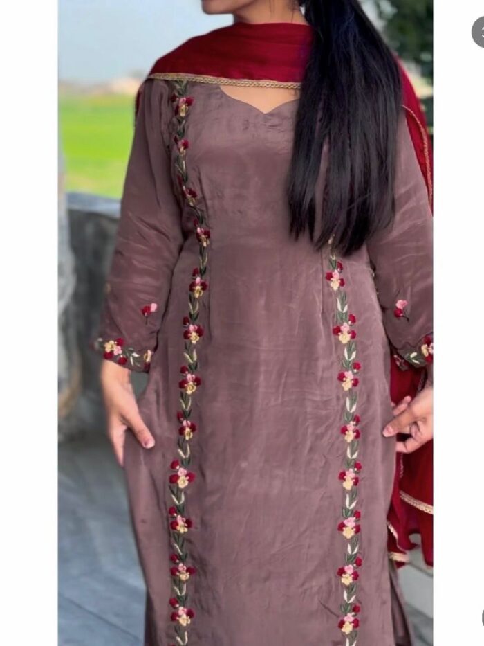 Chocolate Embroidered Suit With Muslin Dupatta