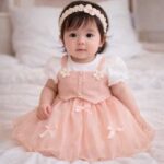 Baby Girl Peach Net Frock Dress with Inner Top | Floral Strap Party Wear Dress for Kids